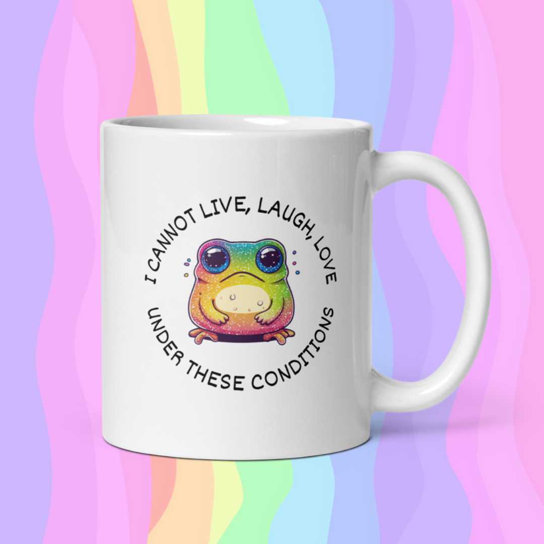 Adorable white mug featuring an anxious frog design, perfect for coffee lovers who appreciate quirky and funny mugs for their kitchen decor.