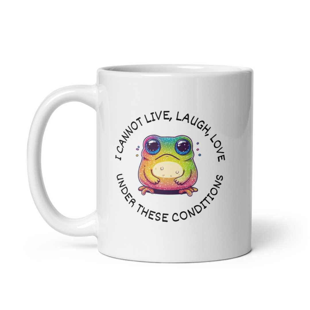 Adorable white mug featuring an anxious frog design, perfect for coffee lovers who appreciate quirky and funny mugs for their kitchen decor.