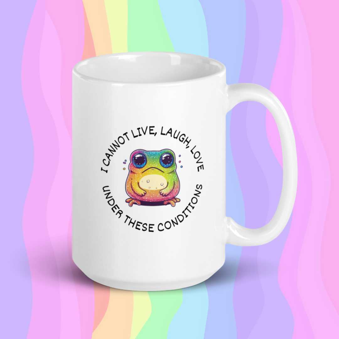 Adorable white mug featuring an anxious frog design, perfect for coffee lovers who appreciate quirky and funny mugs for their kitchen decor.