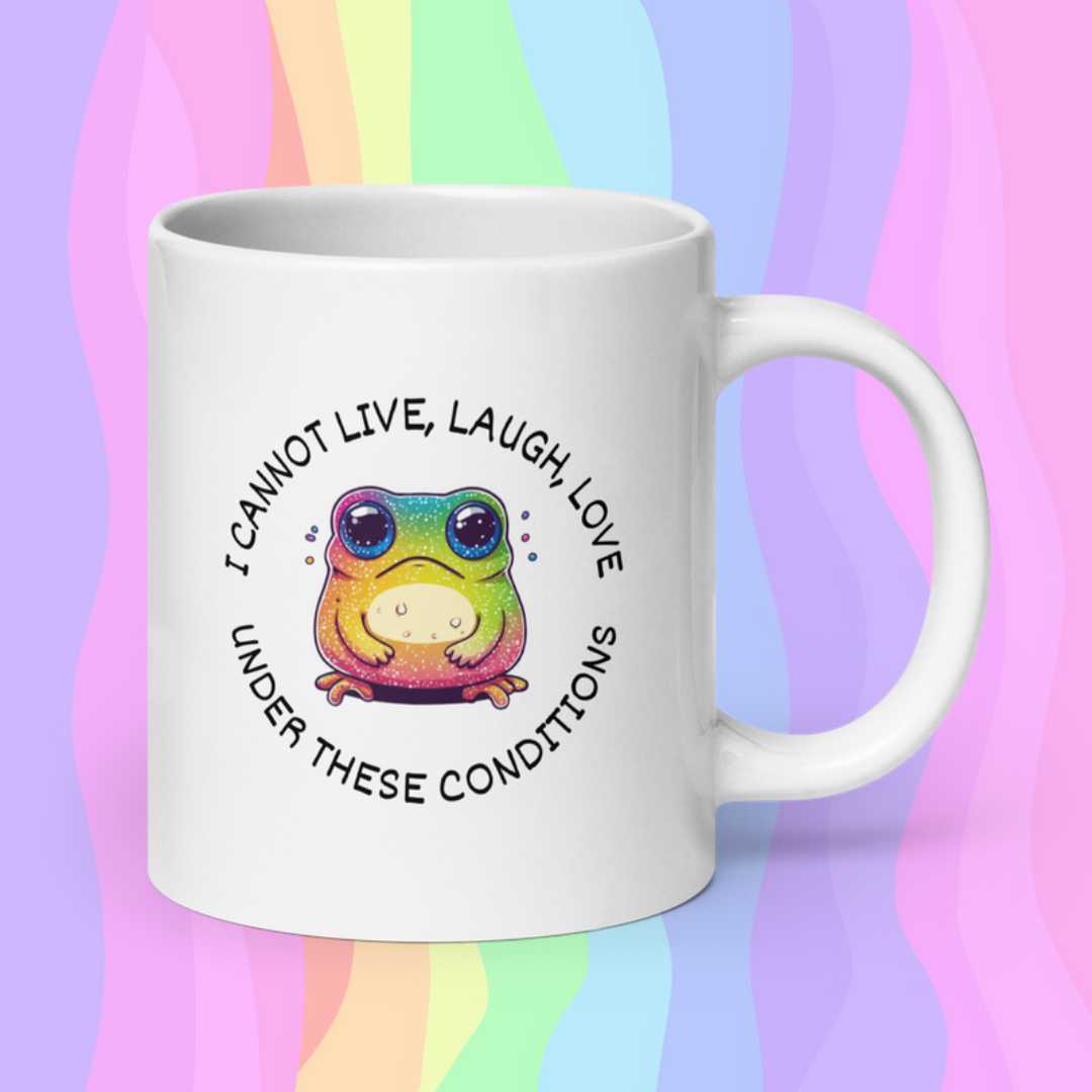 Adorable white mug featuring an anxious frog design, perfect for coffee lovers who appreciate quirky and funny mugs for their kitchen decor.