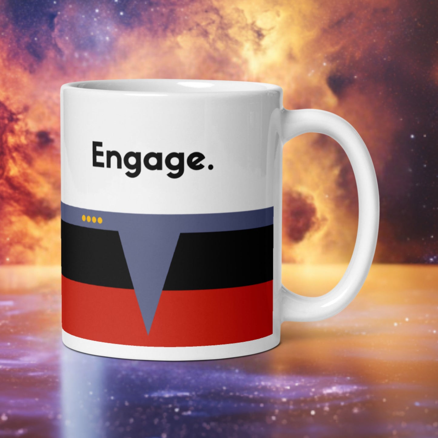 Star Trek “Engage” command mug with red Command Division stripe, inspired by Picard