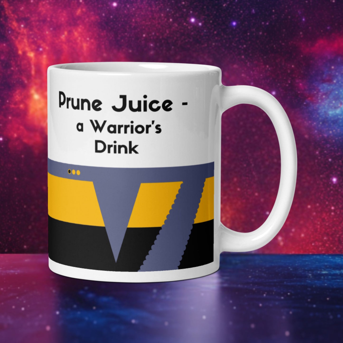 Star Trek DS9 Worf “Prune Juice - A Warrior's Drink” mug with yellow Operations Division stripe