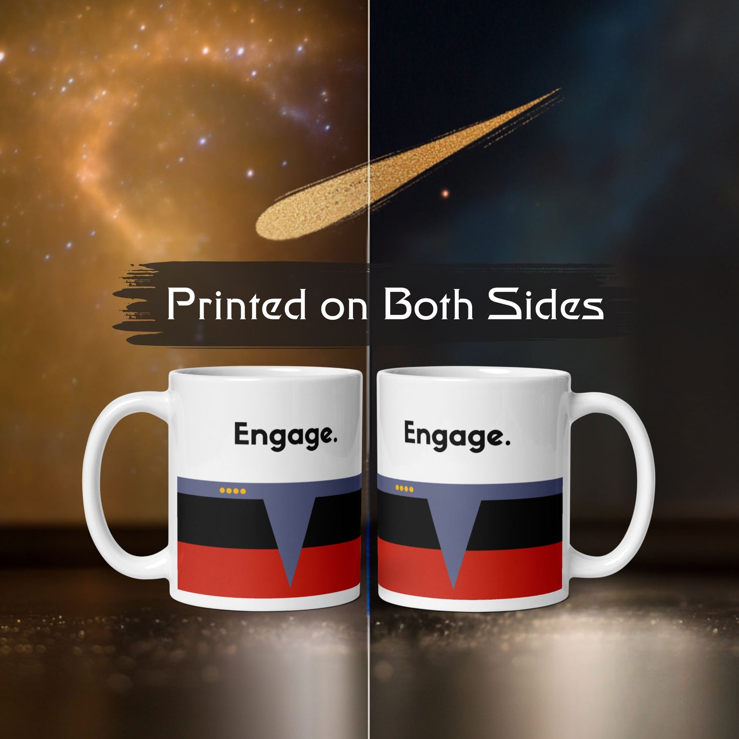 Starfleet command “Engage” mug for Trekkies, red stripe sci-fi coffee mug, Star Trek Captain’s mug
