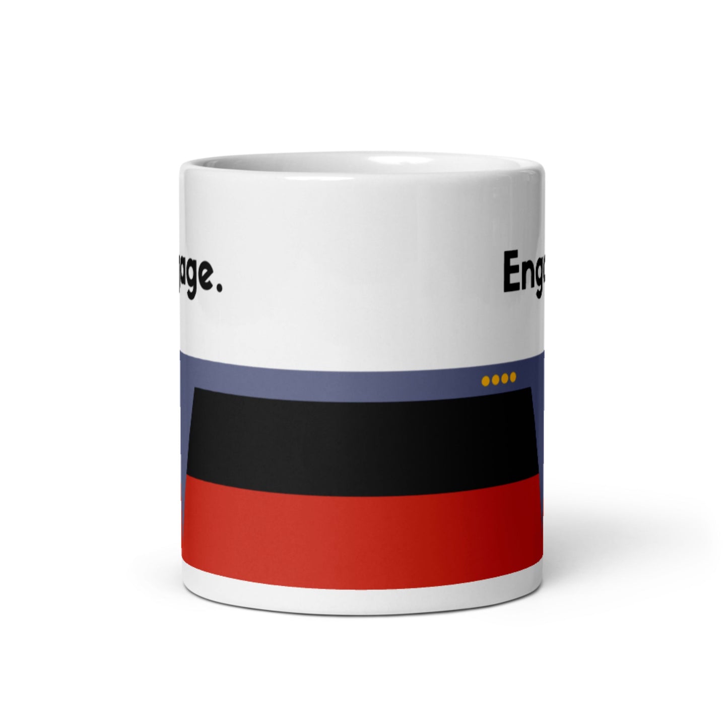 Starfleet command “Engage” mug for Trekkies, red stripe sci-fi coffee mug, Star Trek Captain’s mug