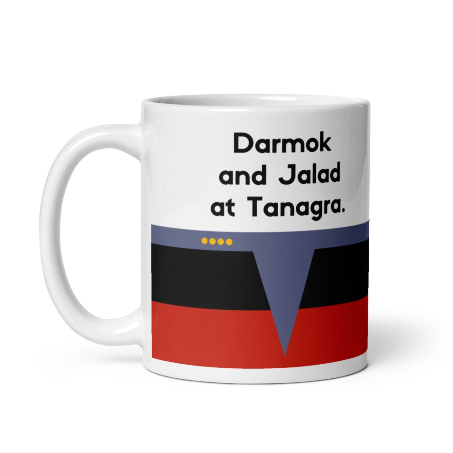 Picard Darmok and Jalad phrase mug, TNG coffee mug with red command stripe, humorous Star Trek cultural reference mug
