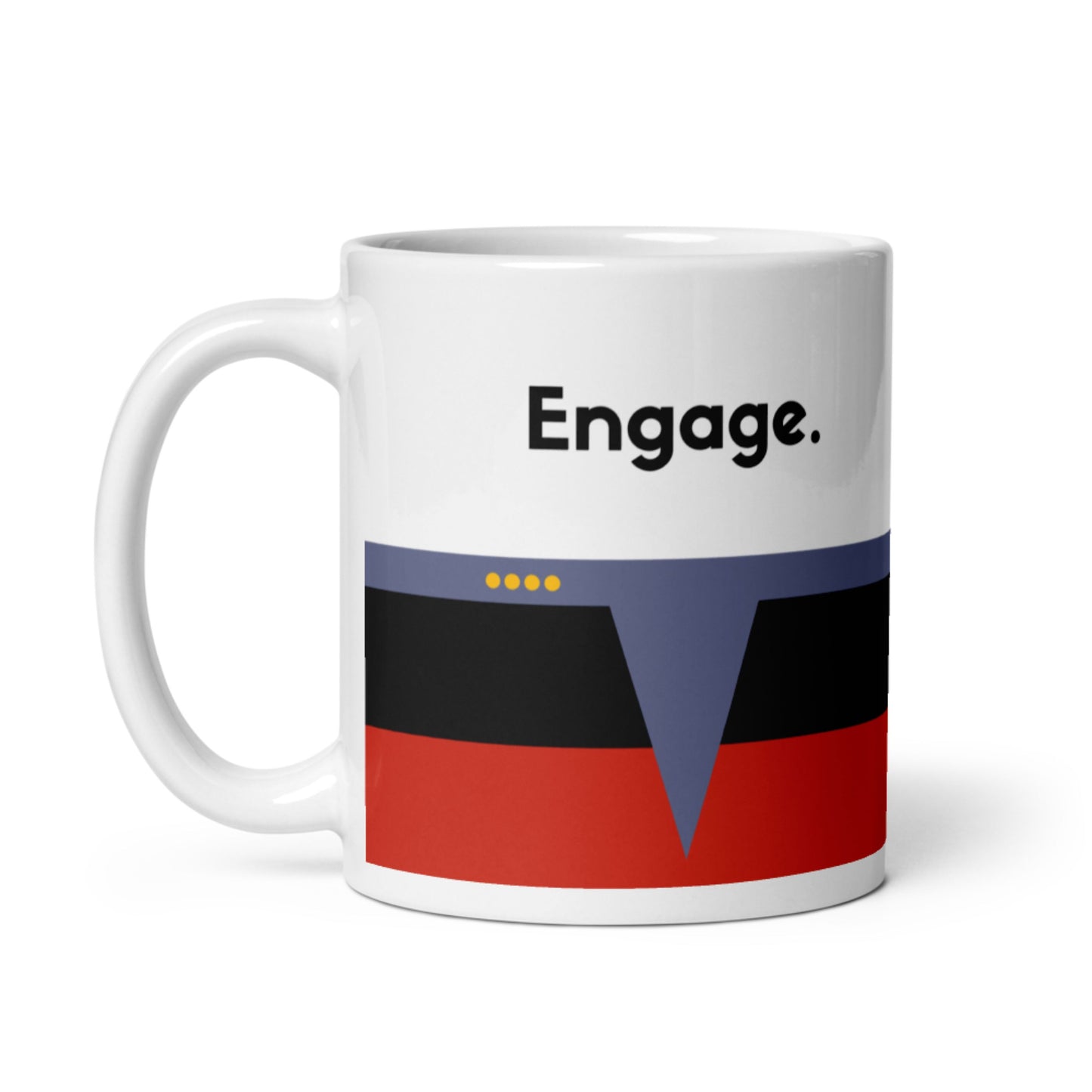 Starfleet command “Engage” mug for Trekkies, red stripe sci-fi coffee mug, Star Trek Captain’s mug