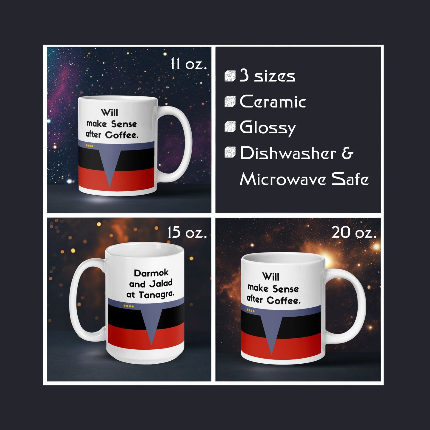 Picard Darmok and Jalad phrase mug, TNG coffee mug with red command stripe, humorous Star Trek cultural reference mug