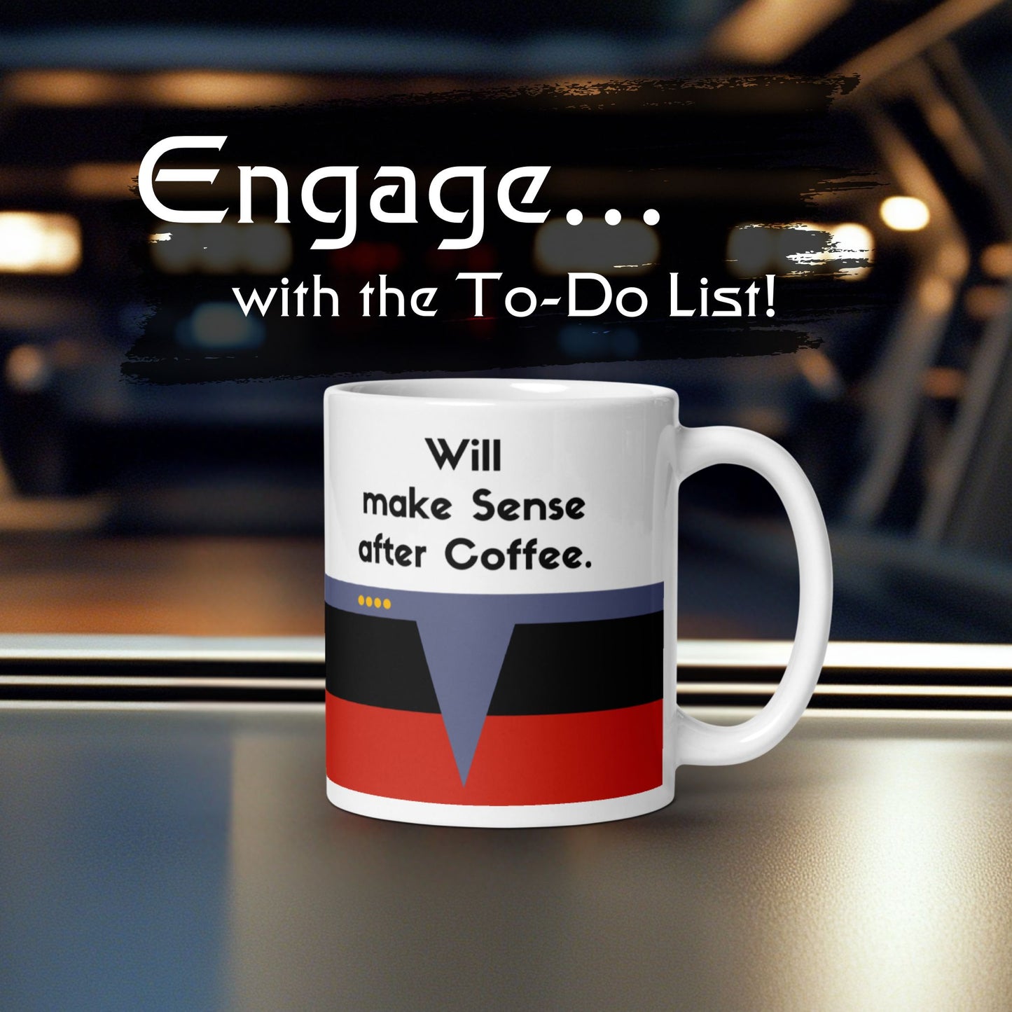 Picard Darmok and Jalad phrase mug, TNG coffee mug with red command stripe, humorous Star Trek cultural reference mug