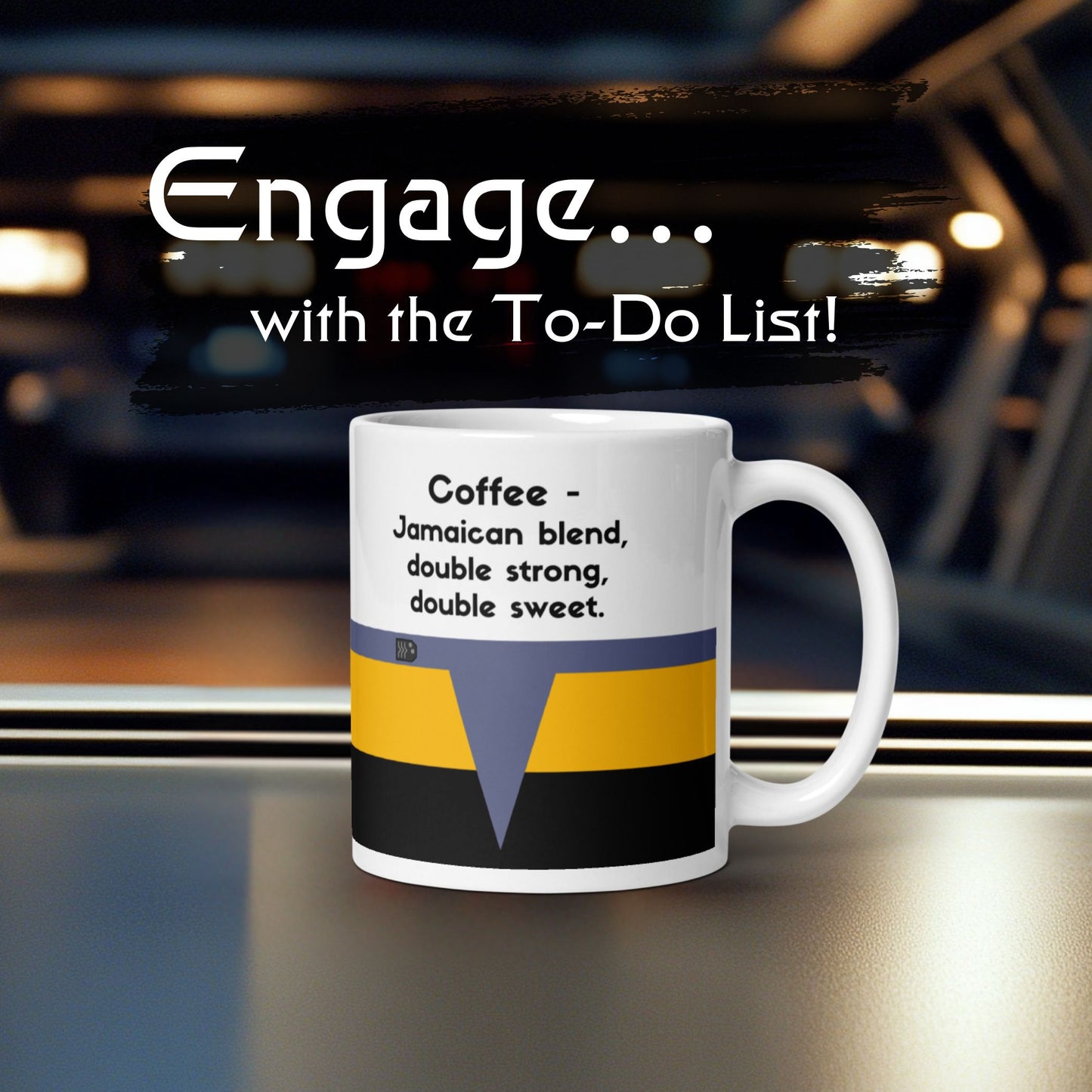 Starfleet Chief Engineer coffee mug, Miles O’Brien coffee order mug, yellow Operations Division stripe mug