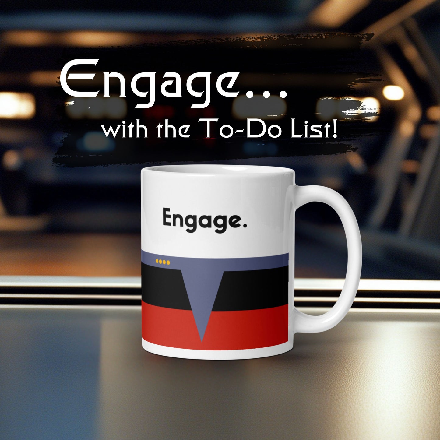 Starfleet command “Engage” mug for Trekkies, red stripe sci-fi coffee mug, Star Trek Captain’s mug