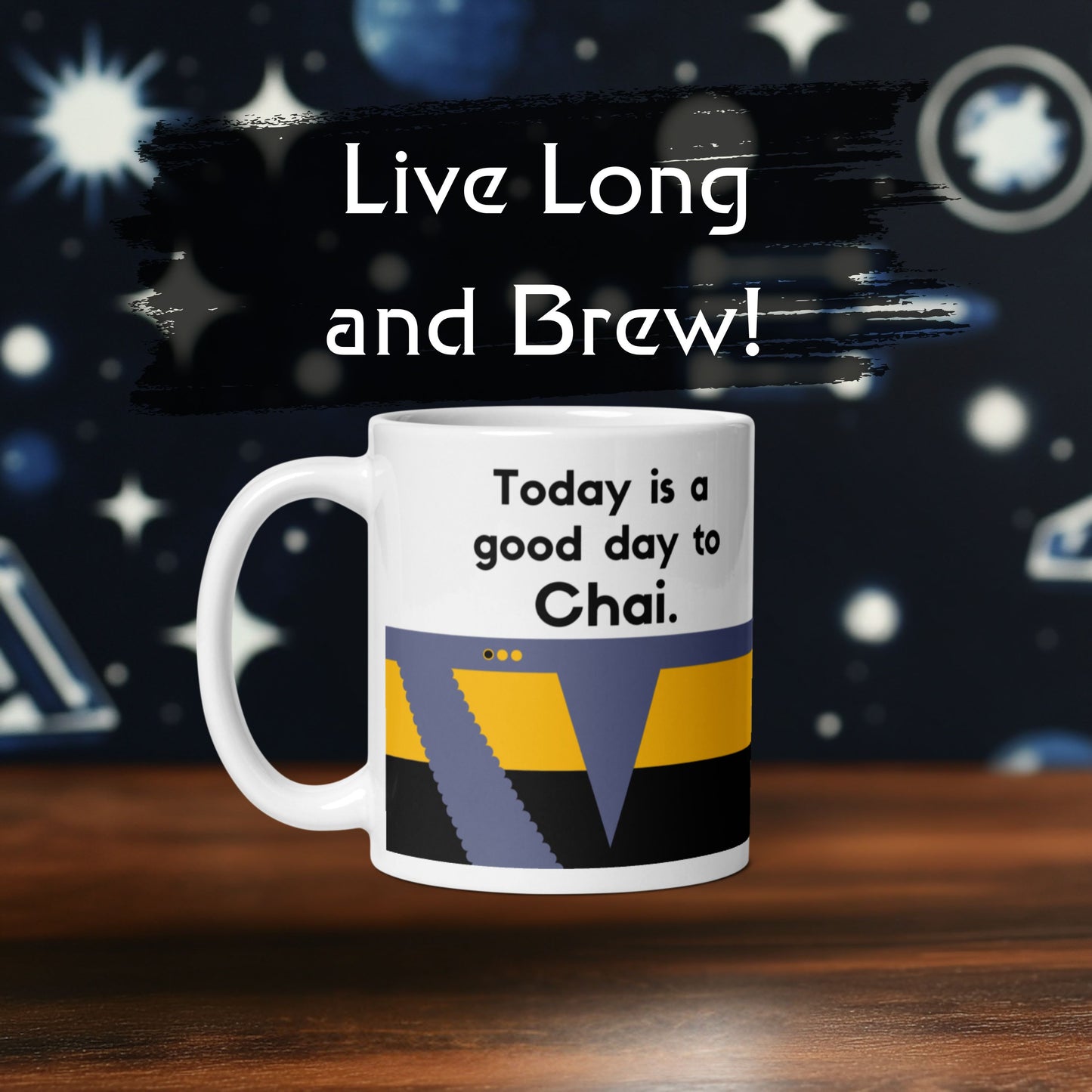 Worf Star Trek tea mug, Klingon tea mug with yellow Operations Division stripe, DS9 tea mug for Trekkies