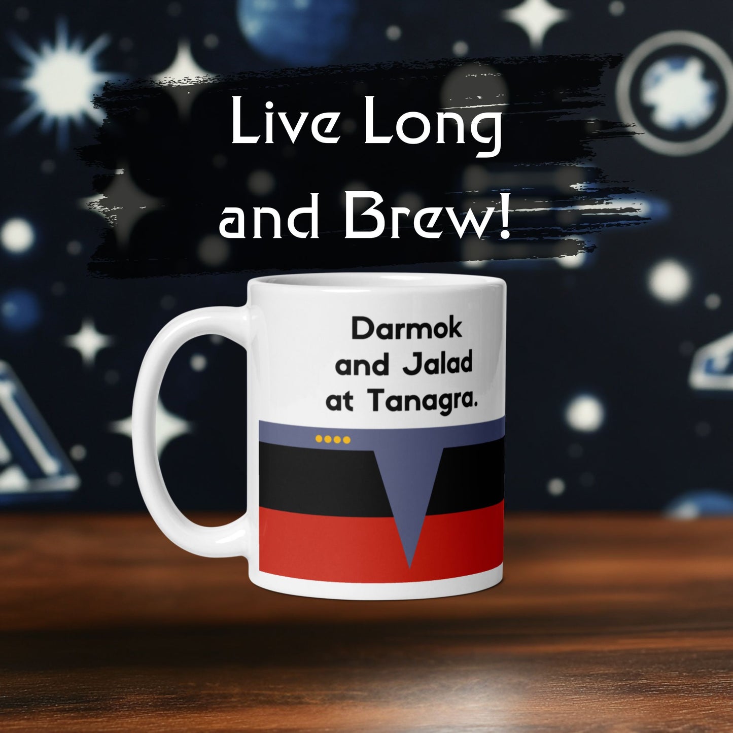 Picard Darmok and Jalad phrase mug, TNG coffee mug with red command stripe, humorous Star Trek cultural reference mug