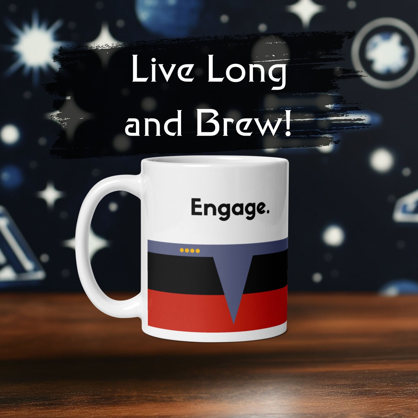 Starfleet command “Engage” mug for Trekkies, red stripe sci-fi coffee mug, Star Trek Captain’s mug