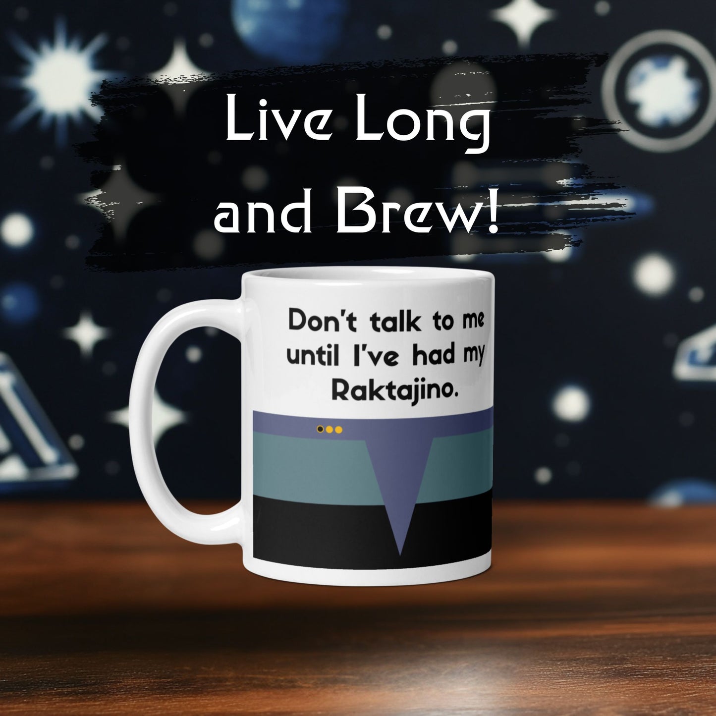 Deep Space Nine coffee lover mug, Starfleet Science Division stripe mug, "Raktajino" mug with Dax phrase