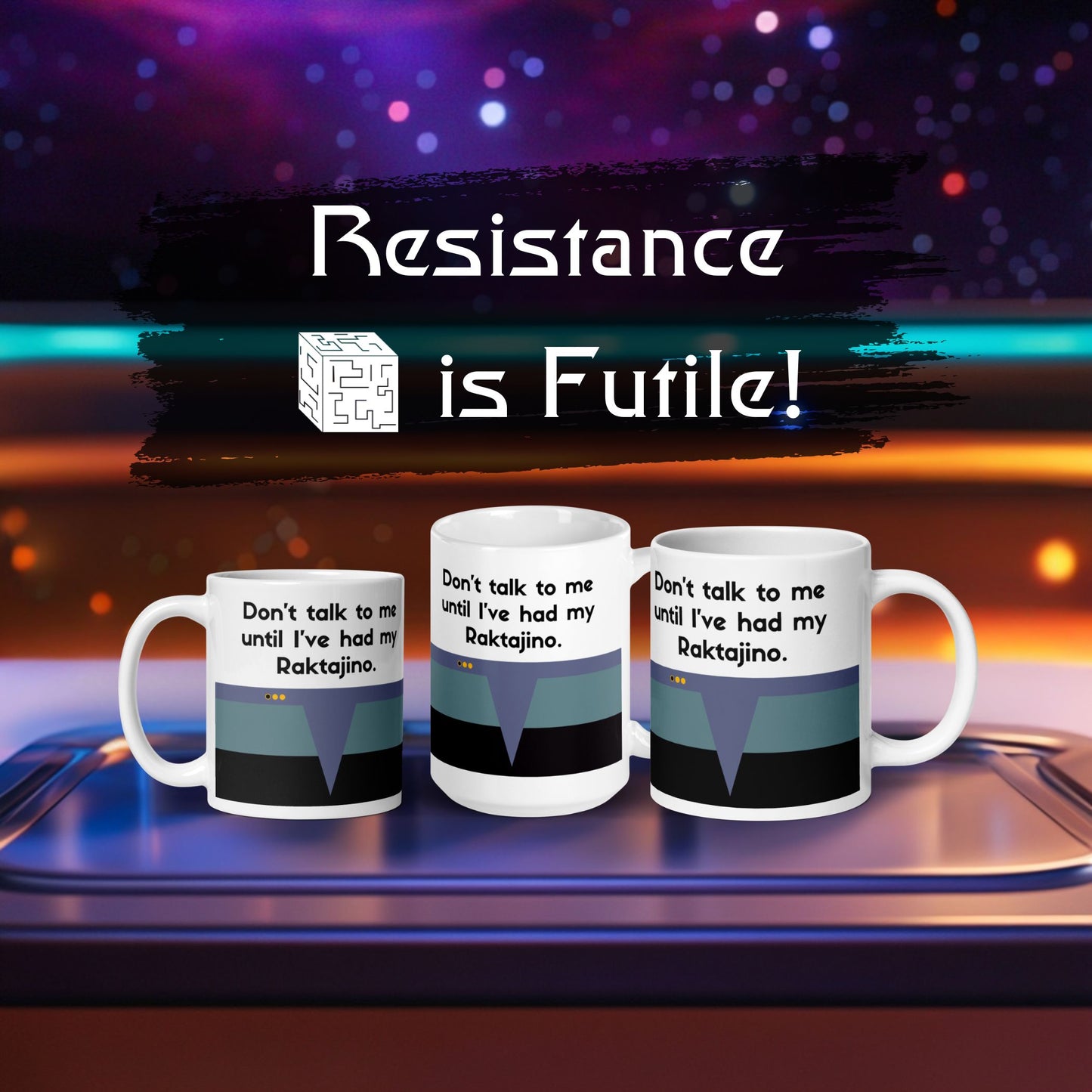 Deep Space Nine coffee lover mug, Starfleet Science Division stripe mug, "Raktajino" mug with Dax phrase