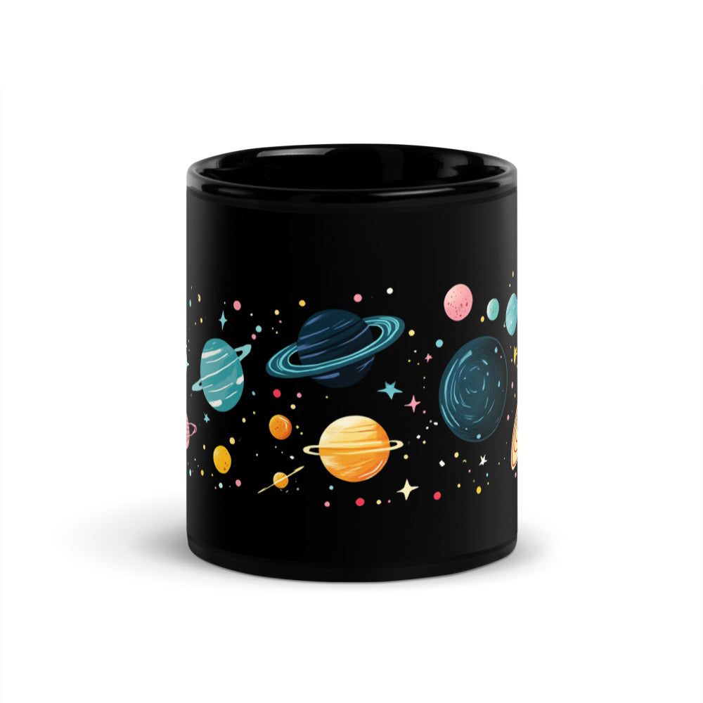 Ceramic black mug featuring a cosmic design