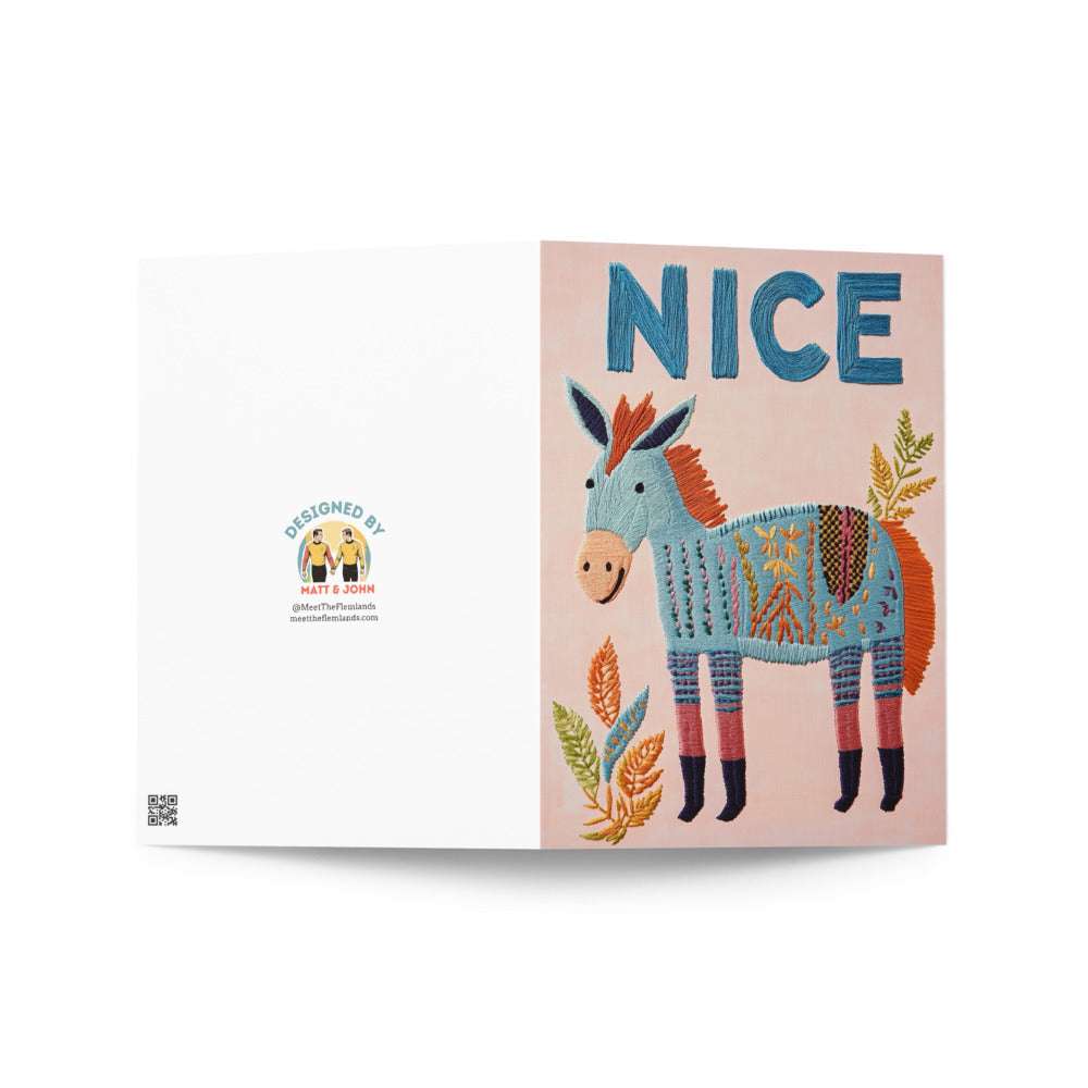 Playful greeting card with a funny donkey and 'NICE ASS' phrase, blank inside for personal messages, great for birthdays and just because moments.