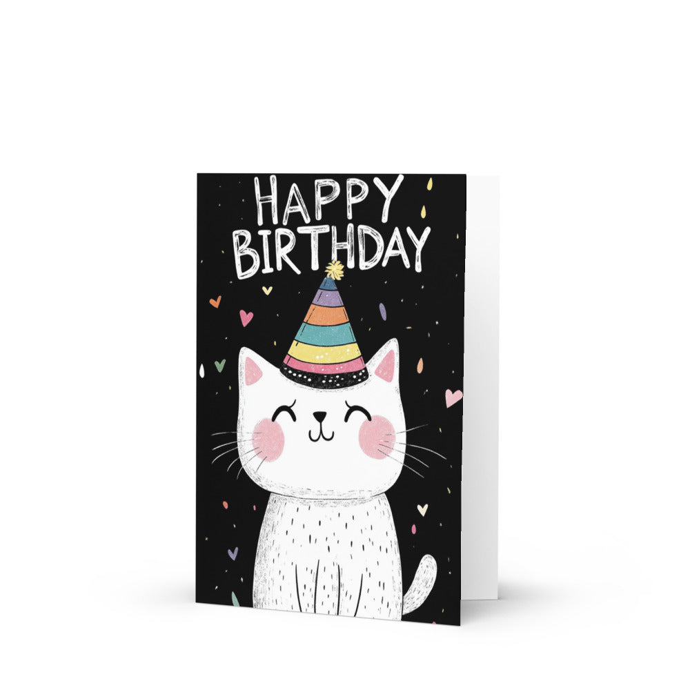 Whimsical birthday card featuring a cartoon white cat wearing a colorful striped party hat, surrounded by vibrant hearts, perfect for cat lovers who appreciate unique and fun designs.