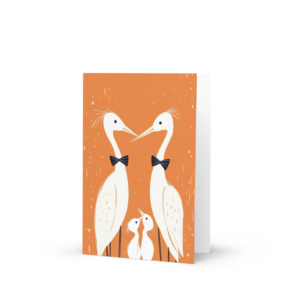 Congratulations card featuring two gay dads with their baby heron, illustrated in a minimalist style with vibrant orange background, perfect for celebrating the arrival of their second child.