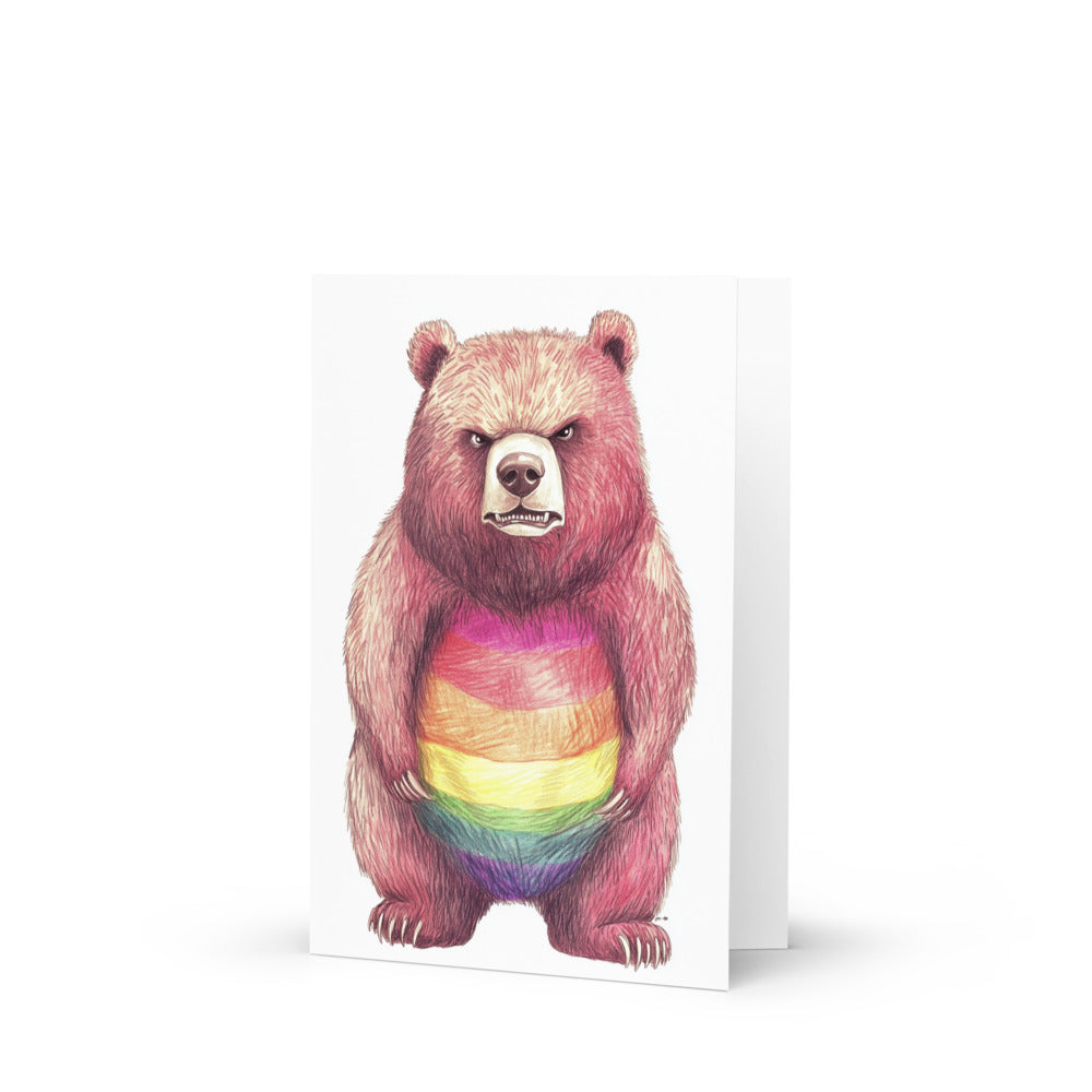 A vibrant greeting card featuring an angry grizzly bear illustration, showcasing a rainbow-striped belly, in a vintage clipart style on a pure white background, perfect for humorous gifting and animal lovers.