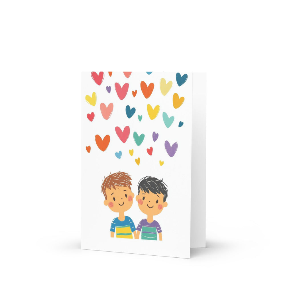 Colorful illustration of two boys embracing surrounded by whimsical rainbow hearts, ideal for love and friendship, showcasing a vibrant greeting card design.