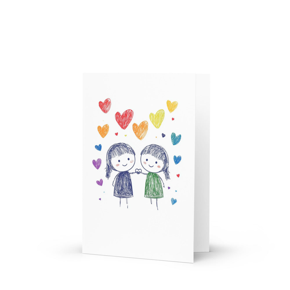 A charming illustration of two cute people in love surrounded by colorful rainbow hearts, perfect for a greeting card. Ideal for expressing affection on Valentine's Day or anniversaries, featuring vibrant colors and a fun, cartoon style.
