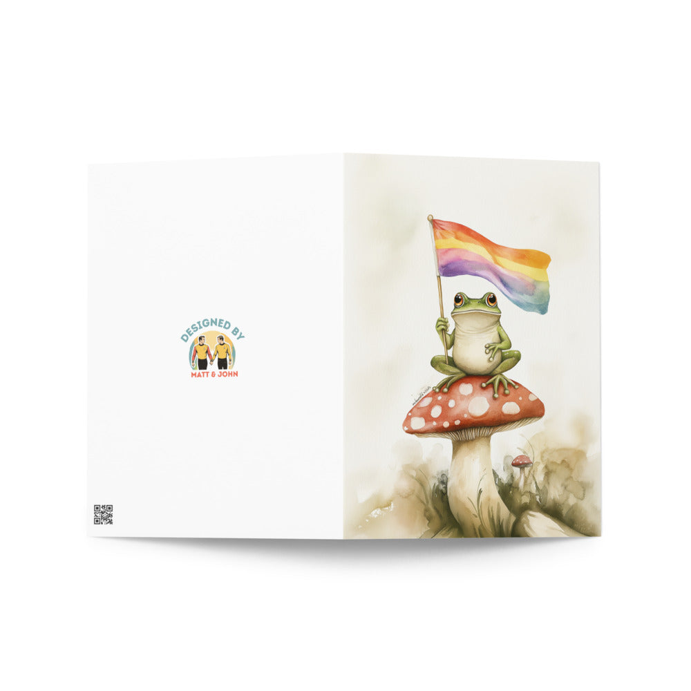 Heartwarming greeting card with a cute vintage frog design, vibrant red mushroom backdrop, and rainbow flag, perfect for expressing love and inclusivity to partners and friends.