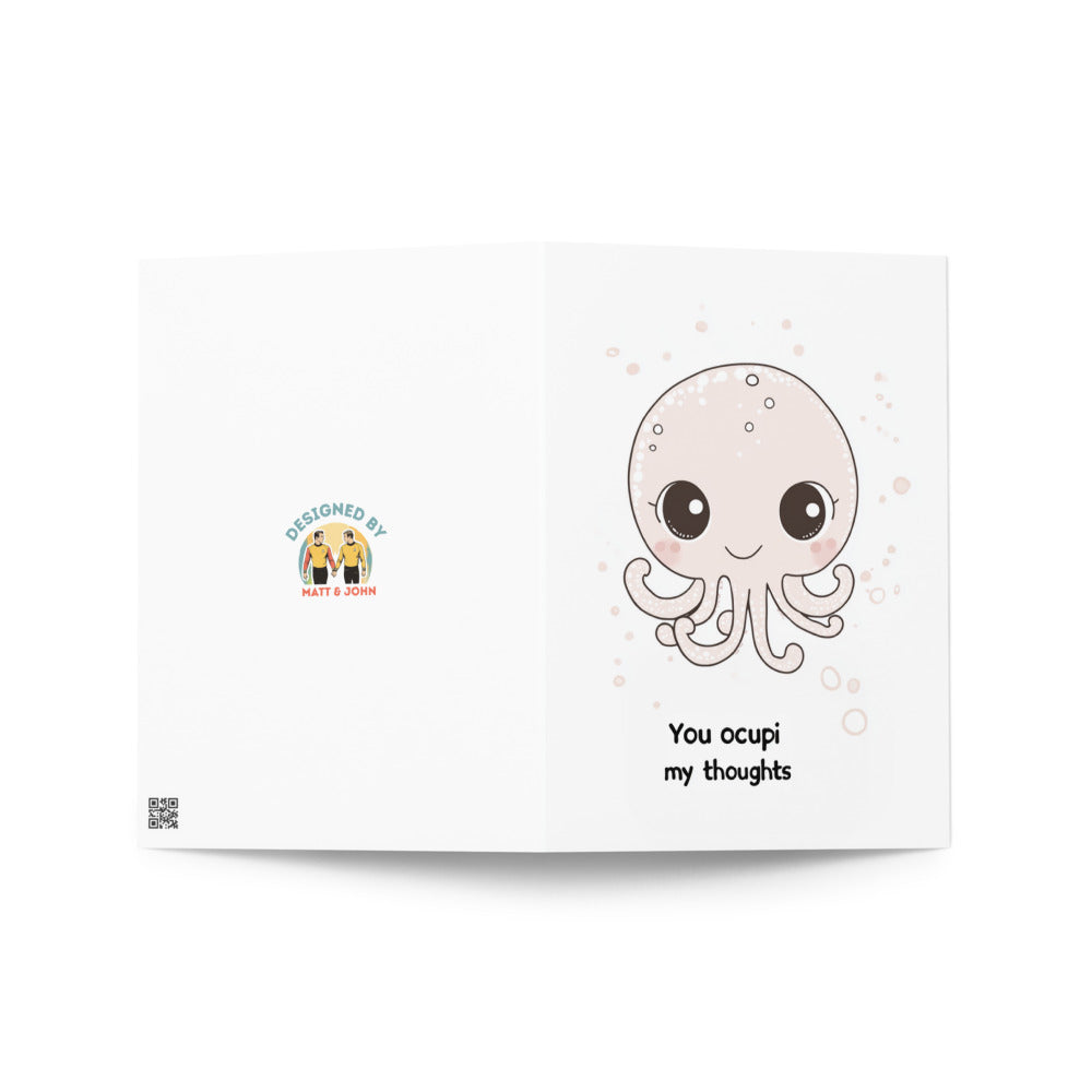 Kawaii-style greeting card featuring a cute baby octopus illustration with big eyes and elegant text, perfect for sentimental messages, making it a great gift for ocean lovers and card collectors.