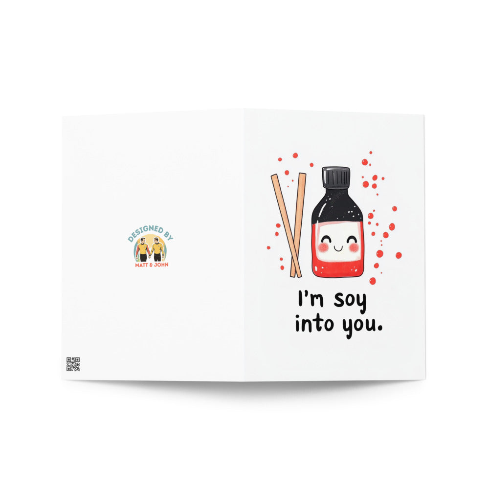 Blank inside greeting card with a kawaii soy sauce bottle and chopsticks, designed for Valentine's Day, allowing personalized messages for a fun and quirky touch.