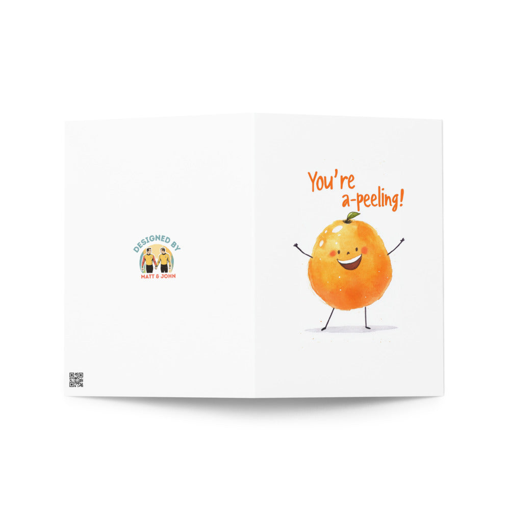 The front cover of the 'You're a-peeling!' card with a minimalistic design, highlighting a happy orange character and bright colors against a clean white background.