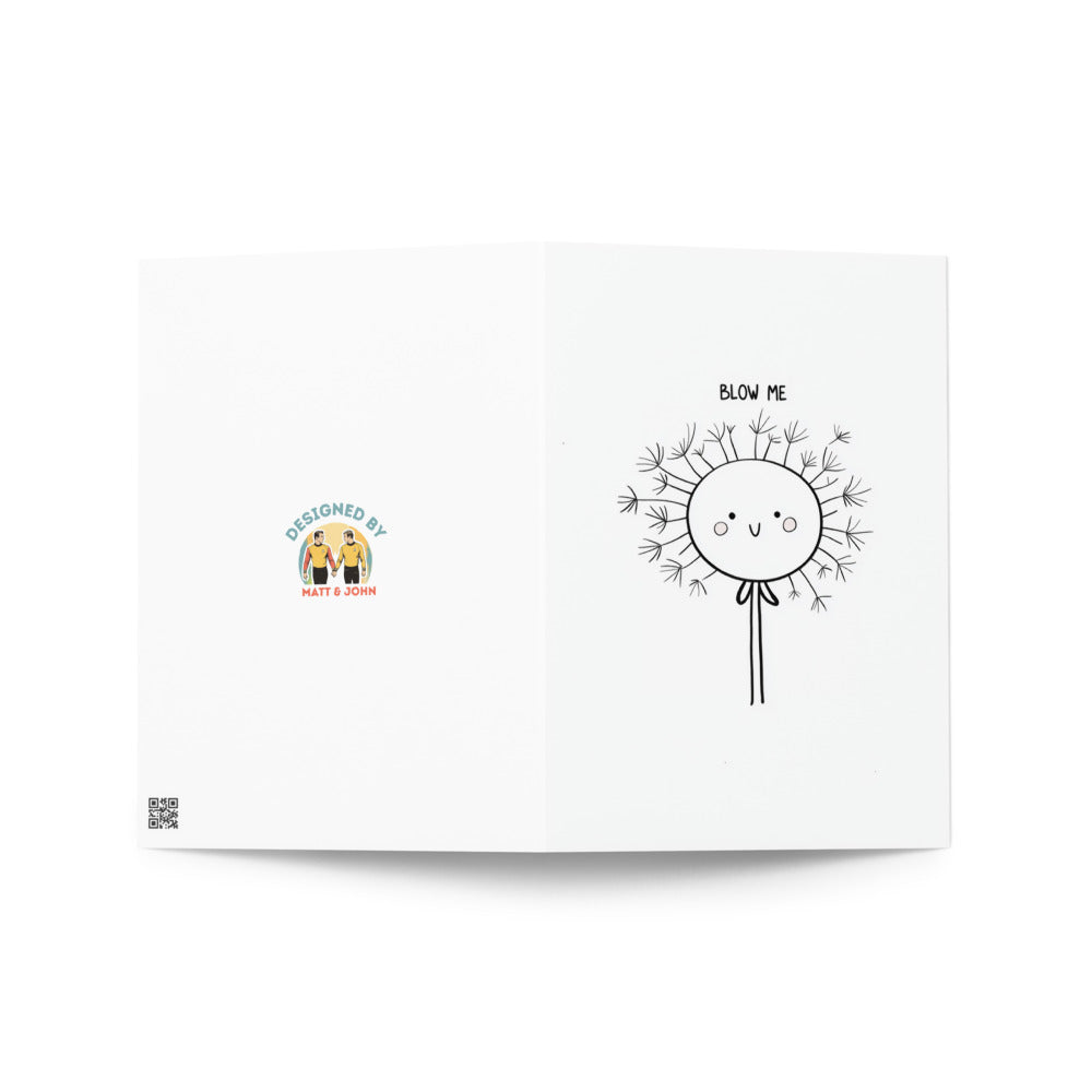 Close-up of the adorable dandelion character from the 'Blow Me' greeting card, showcasing its charming expression and vibrant colors that capture a light-hearted spirit.