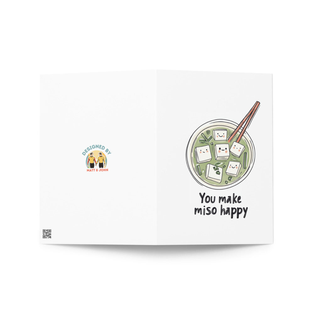 Charming cartoon-style miso bowl greeting card, featuring smiling tofu and chopsticks, ideal for sending love on Valentine's Day or any special occasion with a humorous twist.