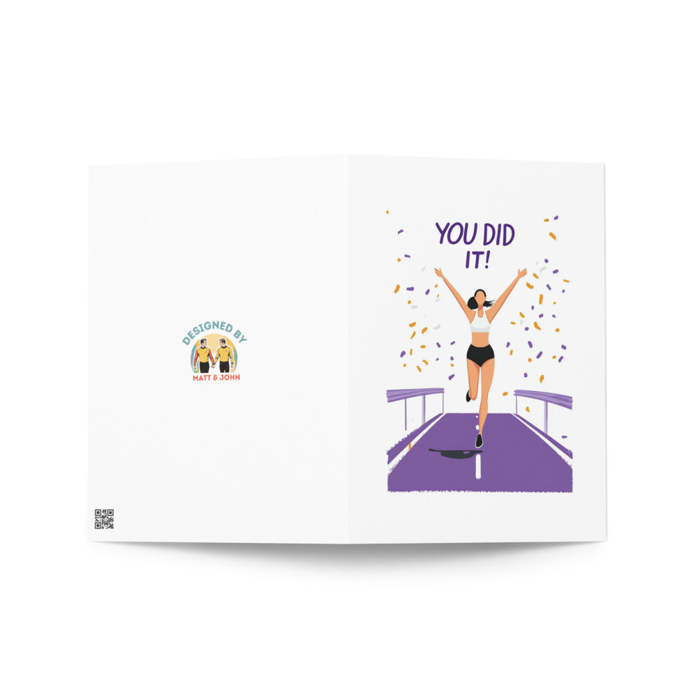 Encouraging design of a Marathon Congrats Card, featuring the bold text 'YOU DID IT!' and vibrant colors that inspire women runners to celebrate their personal victories and achievements.