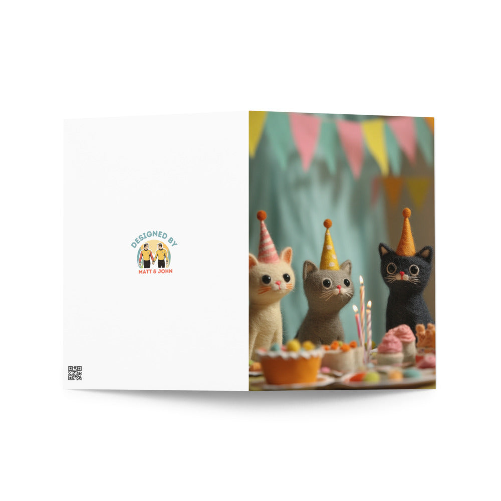 Brightly colored birthday card with three playful felted cats in festive hats, surrounded by delicious cakes and decorations, perfect for cat enthusiasts celebrating special occasions.