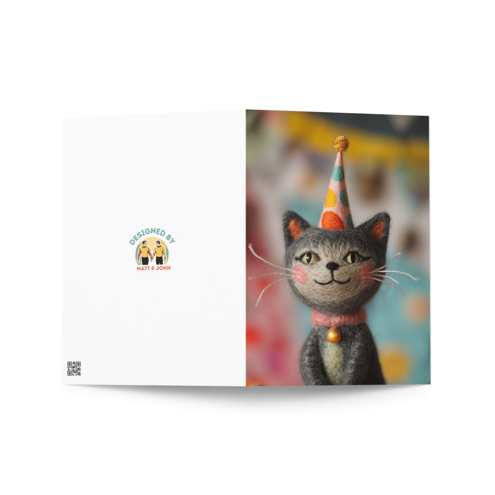 Front cover of a birthday cat card displaying a playful gray cat in a party hat against a vibrant background, ideal for sending joyful wishes.
