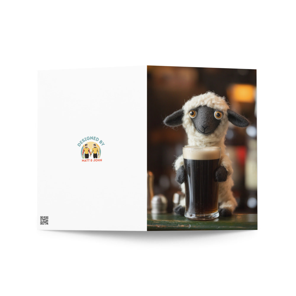 The front cover of the Felted Sheep Beer Greeting Card, displaying a charming sheep with a pint of beer, surrounded by a warm pub background for a fun card experience.