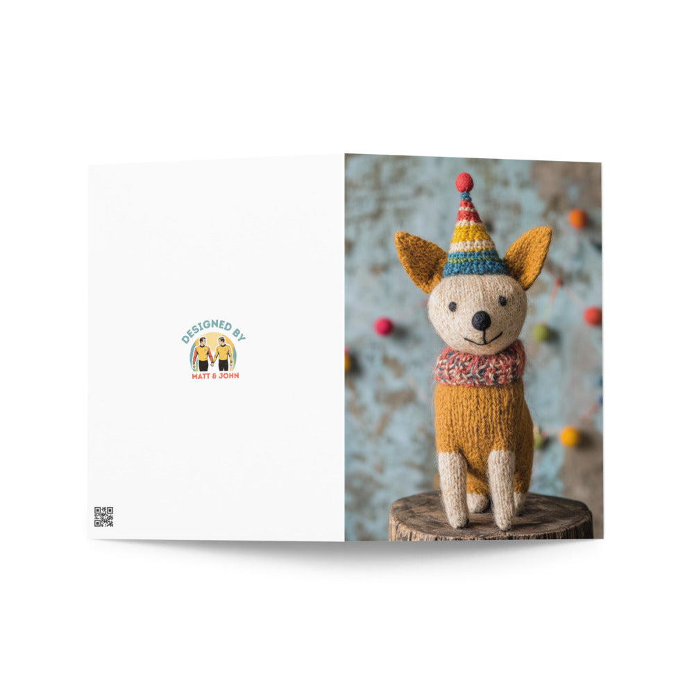 Charming felted dog birthday card displayed against a textured backdrop with colorful pom-poms, crafted for unique birthday greetings for pet lovers.