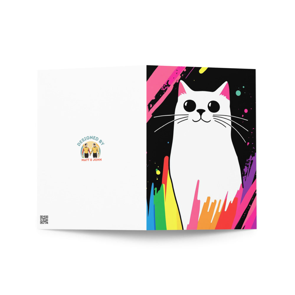 Detailed view of the colorful splashes on the Rainbow Cat Greeting Card, including pink, yellow, and rainbow hues, highlighting its artistic and whimsical style for unique gifting.