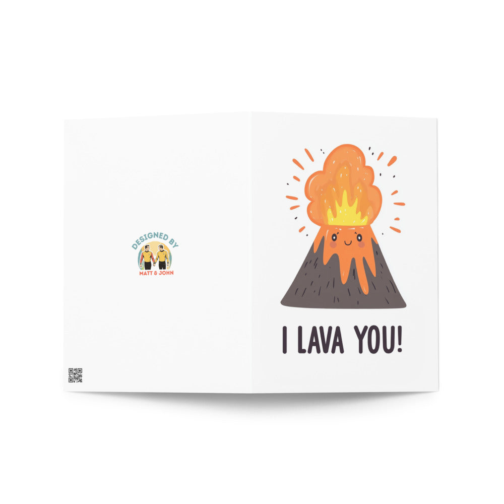 Front view of the I LAVA YOU Greeting Card with a bright cartoon volcano design, perfect for sending heartfelt messages to loved ones for anniversaries or just because, made with eco-friendly materials.