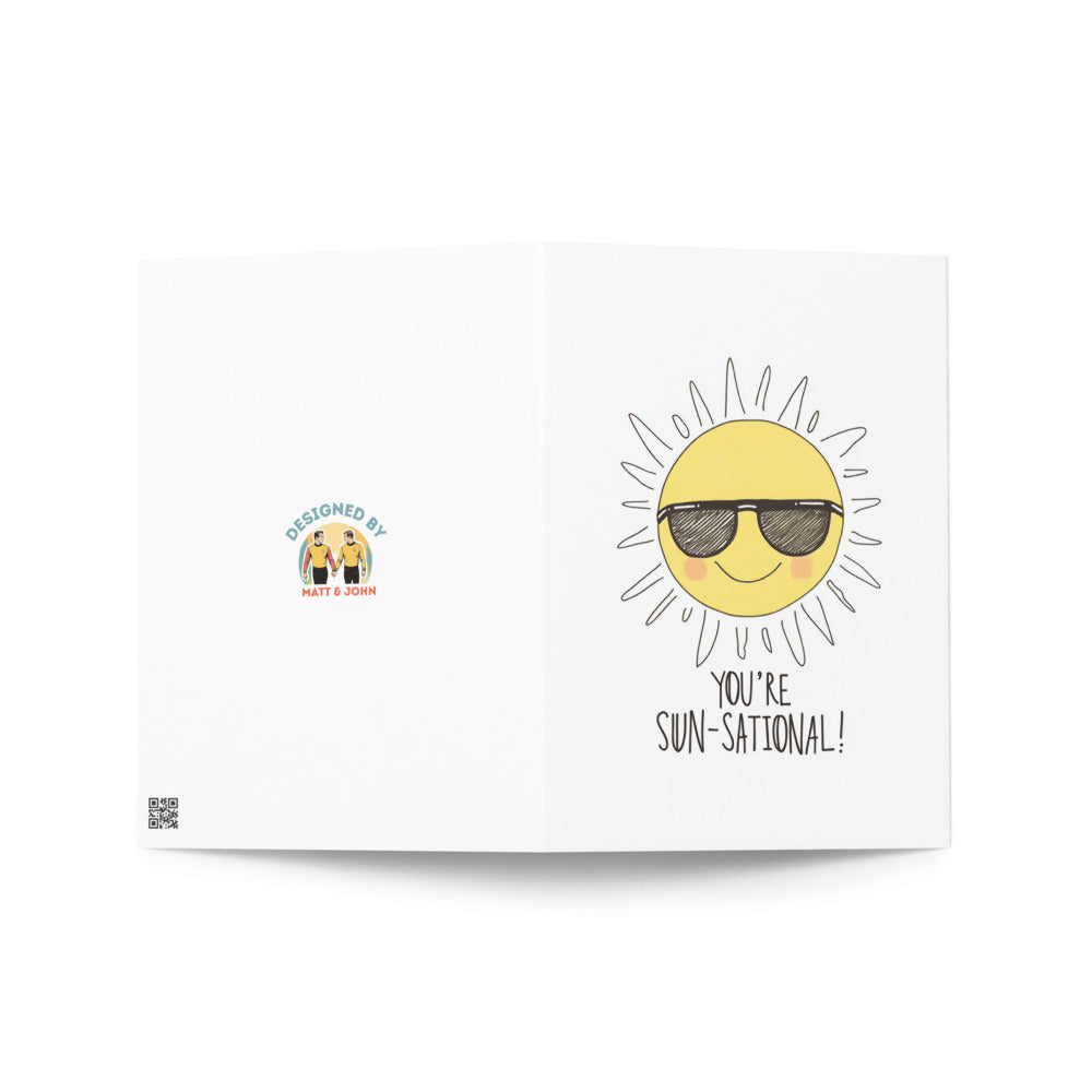The front cover of a minimalist birthday card displaying a sunny character with sunglasses, the words 'YOU'RE SUN-SATIONAL!' in a friendly font, making it a unique gift for birthdays and celebrations.
