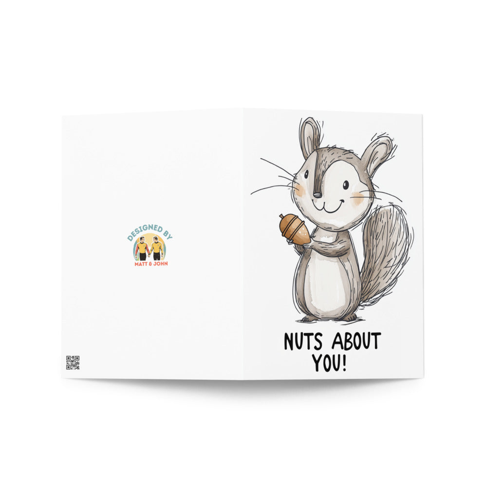Close-up of the 'Nuts About You' greeting card showcasing a playful squirrel illustration, minimalist aesthetic, and blank inside for your personal messages and heartfelt notes.
