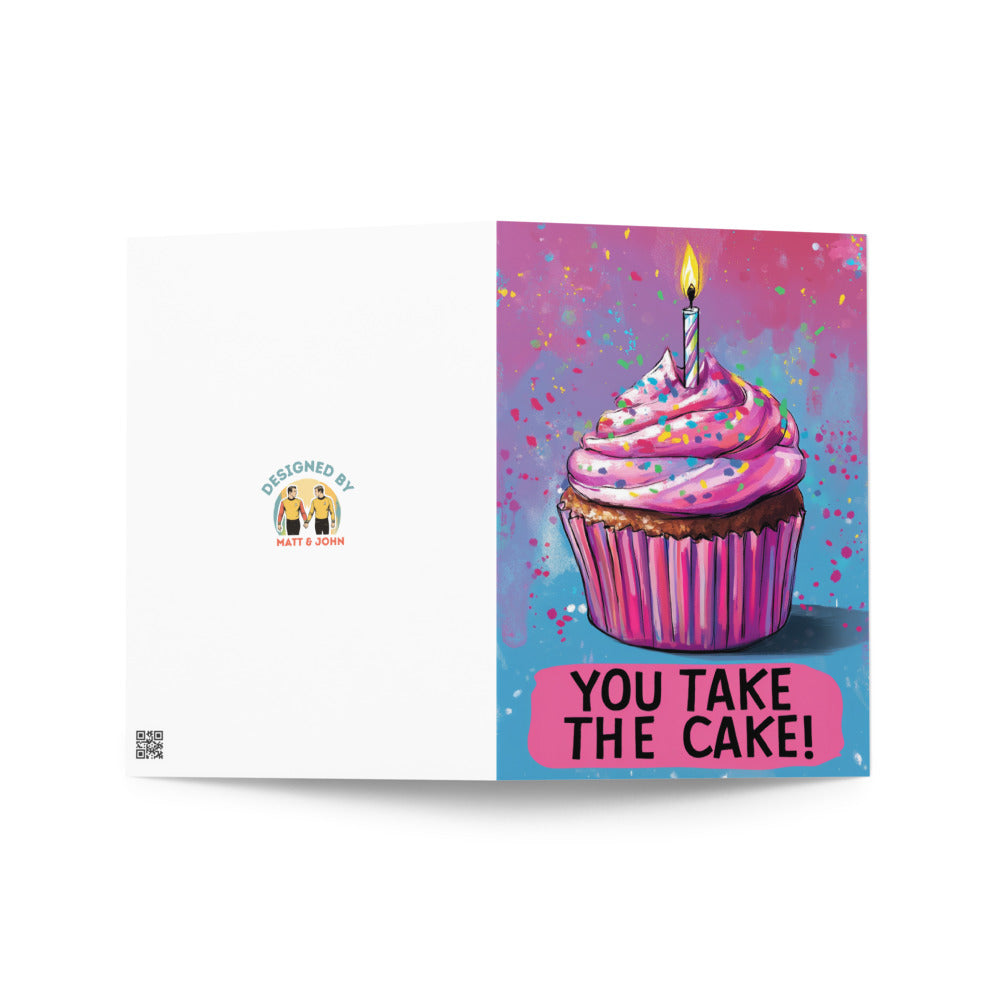 An artistic illustration of a cheerful birthday card with a pink cupcake and confetti, capturing the joy of giving and receiving birthday greetings, perfect for all ages.