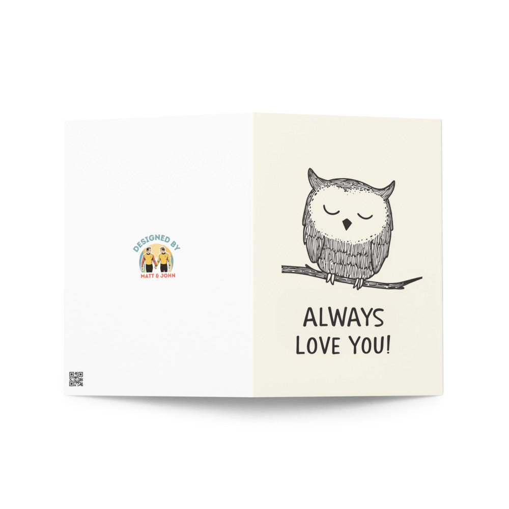 Delightful owl greeting card showcasing a playful illustration and warm message, designed to bring smiles on any occasion, such as birthdays or weddings.
