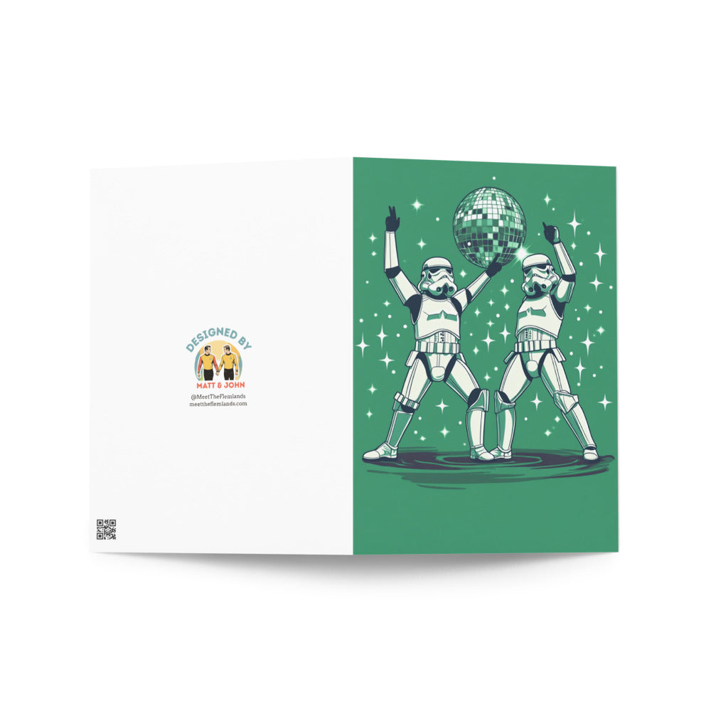 Whimsical stormtrooper card with cartoon-style illustration of Dab dance under a disco ball, perfect for pop culture enthusiasts and unique gift seekers.