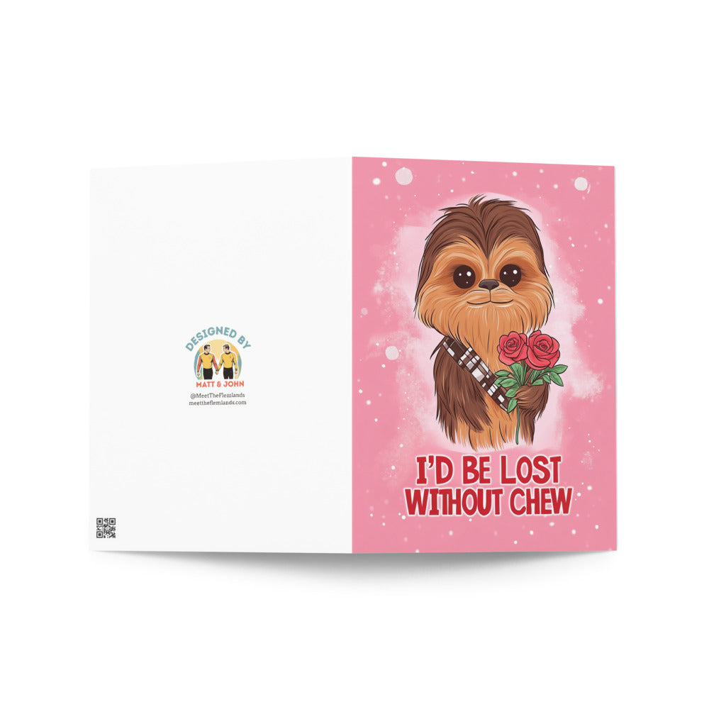 Whimsical greeting card design featuring a kawaii Chewbacca character holding roses, perfect for expressing appreciation and love, with a blank inside for personal notes, celebrating friendships.