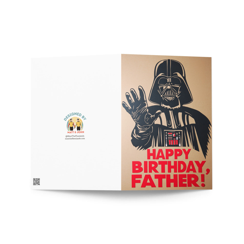 Front view of Darth Vader birthday greeting card, designed for fathers who love Star Wars, featuring a striking cut-out and festive colors.