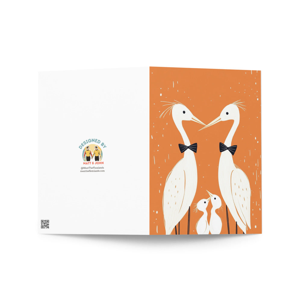 Minimalist cartoon illustration of two proud gay dads and their baby heron on a bright orange card, perfect for heartfelt messages for welcoming a child.