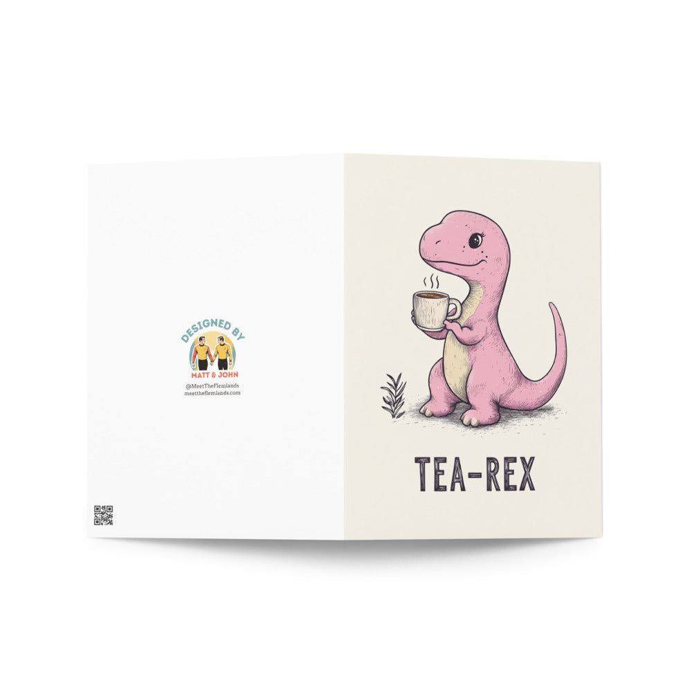 Front of the Tea-Rex card with text reading 'TEA-REX' below the cute pink dinosaur illustration, ideal for coffee lovers and pun fans.