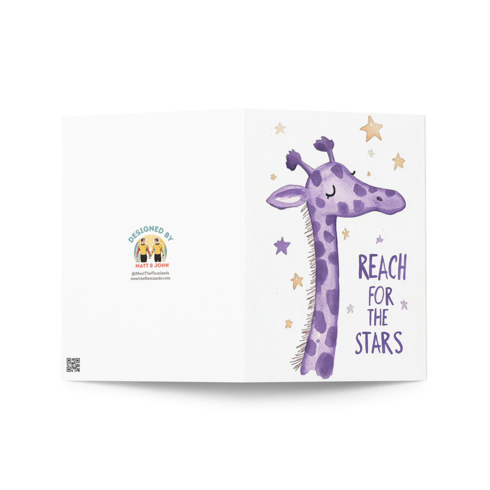 Colorful and vibrant giraffe greeting card, showcasing a whimsical design with the motivational phrase 'REACH FOR THE STARS' in a fun font. A delightful addition to any child's stationery collection.