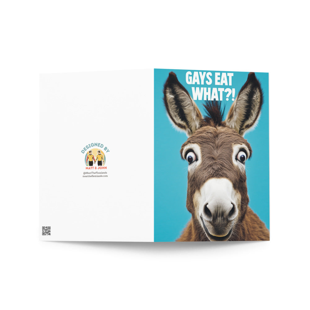 A colorful display of the greeting card with a cheeky donkey illustration and the humorous slogan, perfect for gifting to LGBTQ+ individuals who love to laugh.